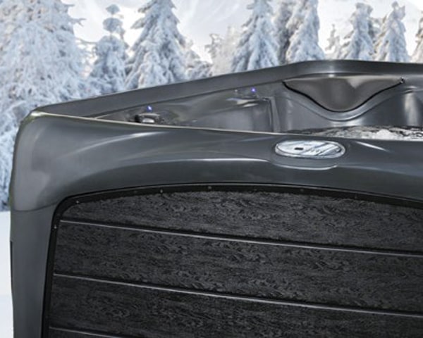 Close-up of a dark gray pickup truck's dented front end with a crumpled hood, snow-covered trees in the background.